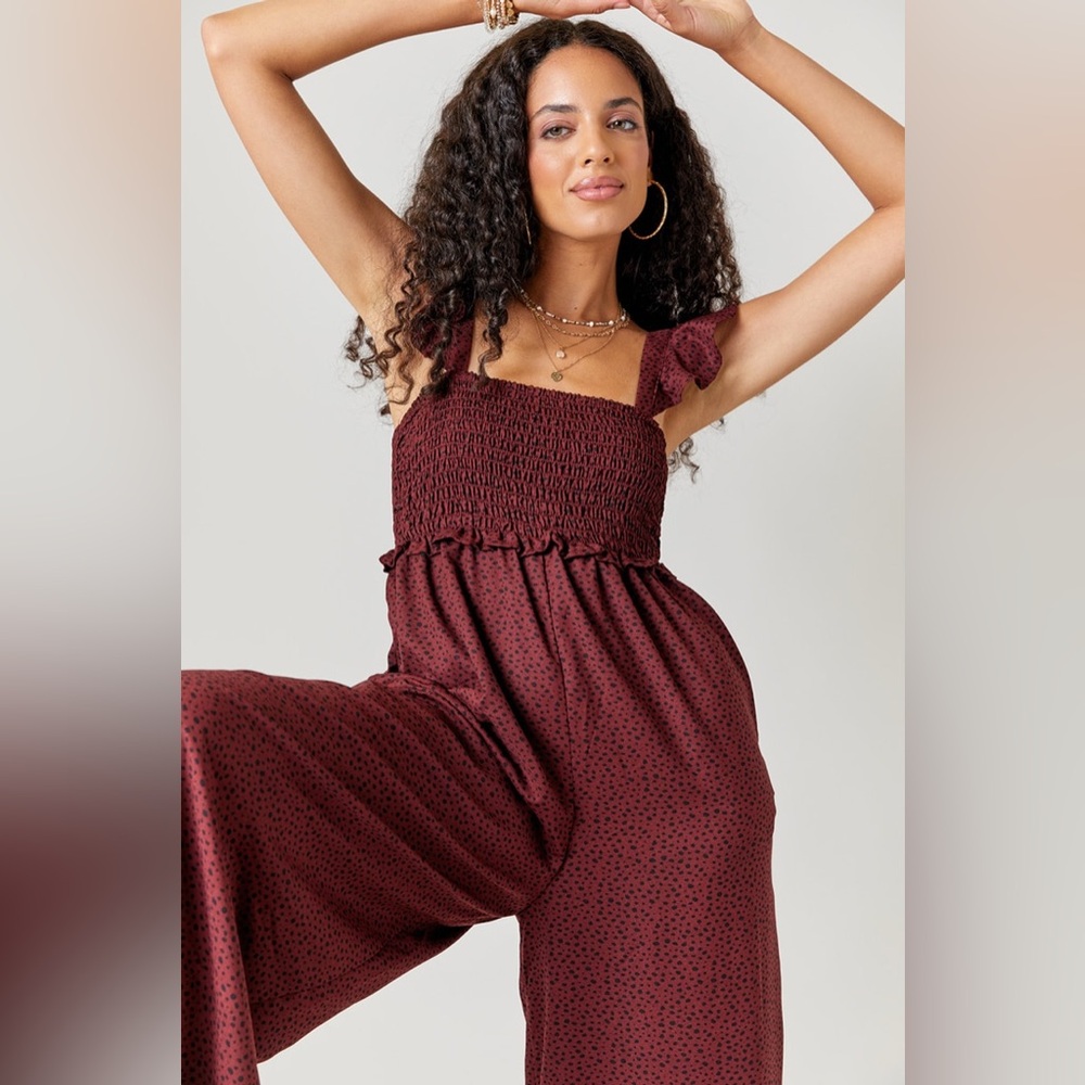 Francesca’s Mi Amor Becca Ruffle Strap Jumpsuit - XS, Burgundy Red/Black Print